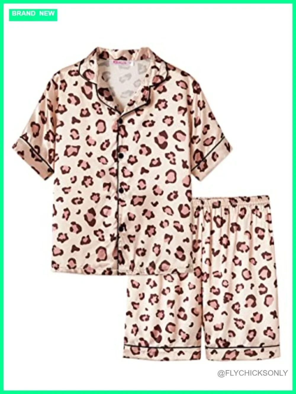 Girls Silky Satin Pajama Set, Leopard Print, Button Up, Shorts